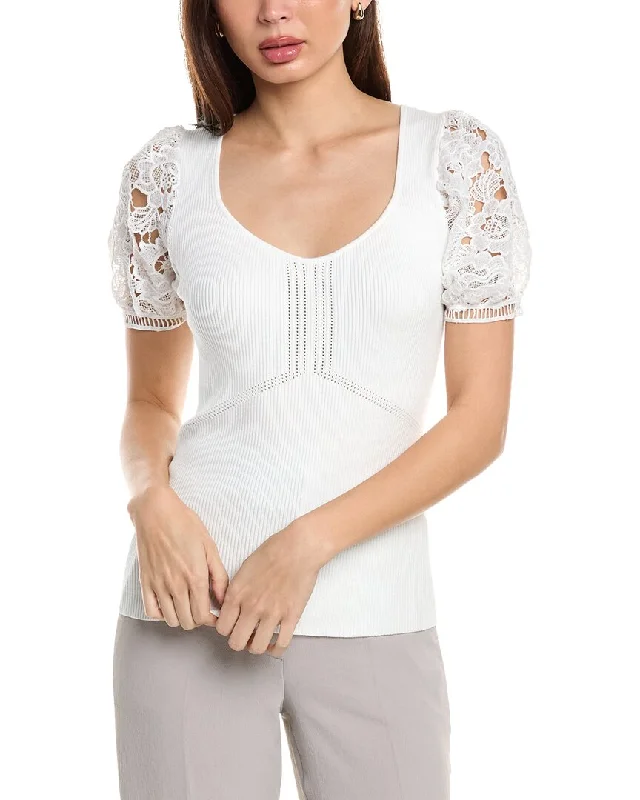 Women's High-Waisted Pencil Pullovers-Elie Tahari Lace Sleeve Top