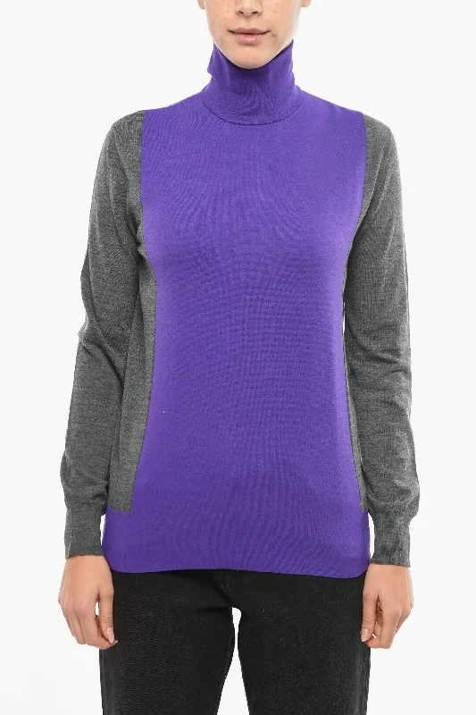 Women's Knit Pullovers-Plan C Two-Tone Wool Blen Turtleneck Sweater