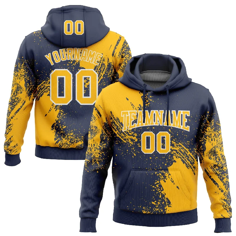 Women's Puff Sleeve Hoodies-Custom Stitched Navy Gold-White 3D Pattern Design Abstract Brush Stroke Sports Pullover Sweatshirt Hoodie