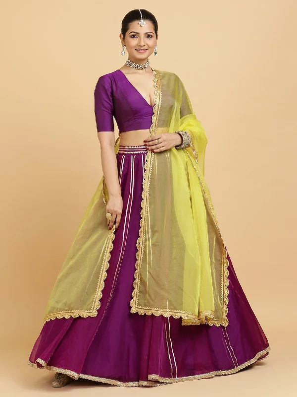 Heer Zeenat 4-Pc Lehenga Set x Tyohaar | Purple Lehenga, Purple Blouse with Saher Lemon Yellow Dupatta and Cancan Skirt