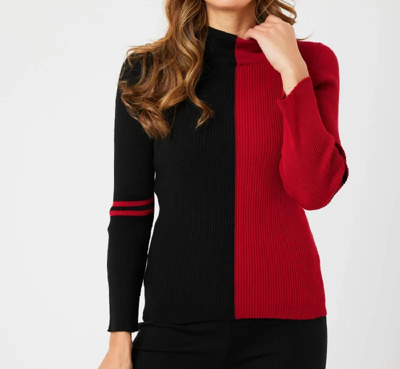 Women's Low-Waisted Pencil Pullovers-Two Tone Mock Neck Sweater In Black/red