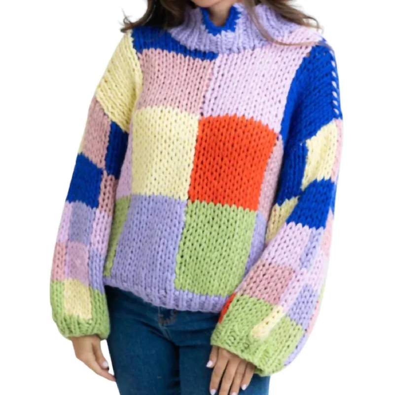 Women's Thermal A-Line Pullovers-Colorblock Crochet Mock Sweater In Multi Color