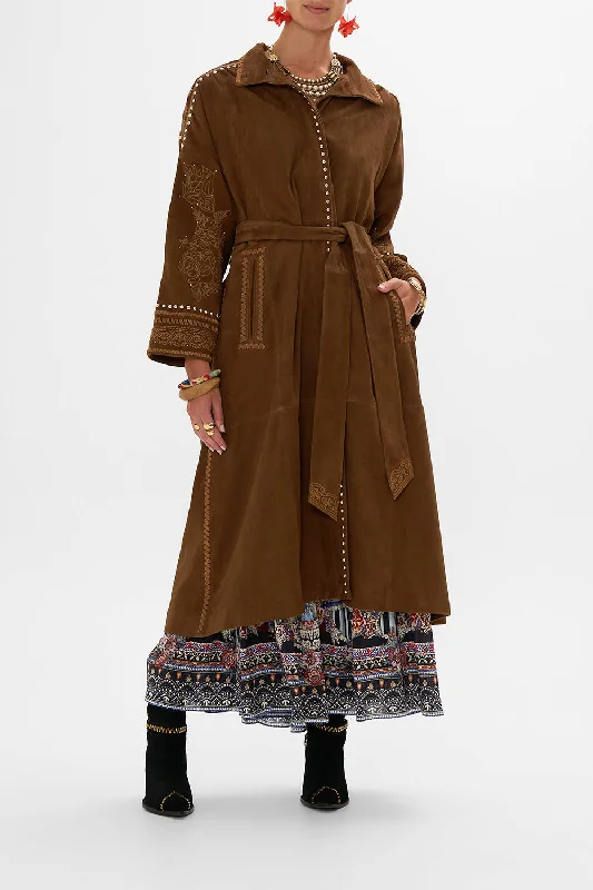 Women's Trench Coats-EMBROIDERED LONG SUEDE COAT VOLENDAM DOLLS