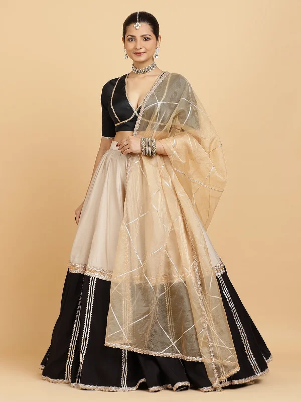 Mastani Zeenat 4-Pc Lehenga Set x Tyohaar | Grey Black Colour Blocked Lehenga, Charcoal Black Blouse with Sunheri Gold Dupatta and Cancan Skirt