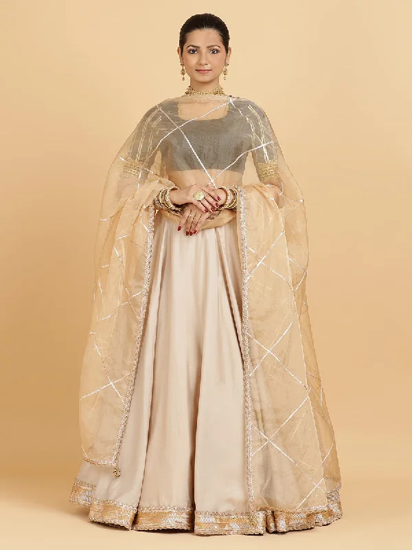 Zainab Aziza 4-Pc Lehenga Set x Tyohaar | Oyster Grey Lehenga, Charcoal Black Blouse with Sunheri Gold Dupatta and Cancan Skirt