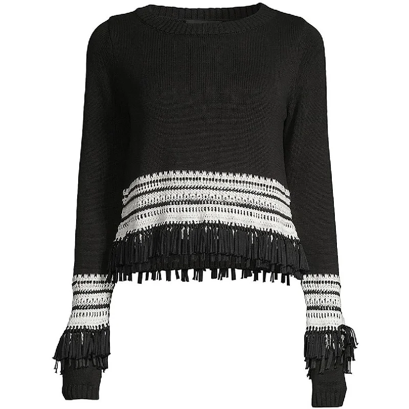 Women's Short Sleeve Pullovers-Womens Fringe Trim Knit Pullover Sweater