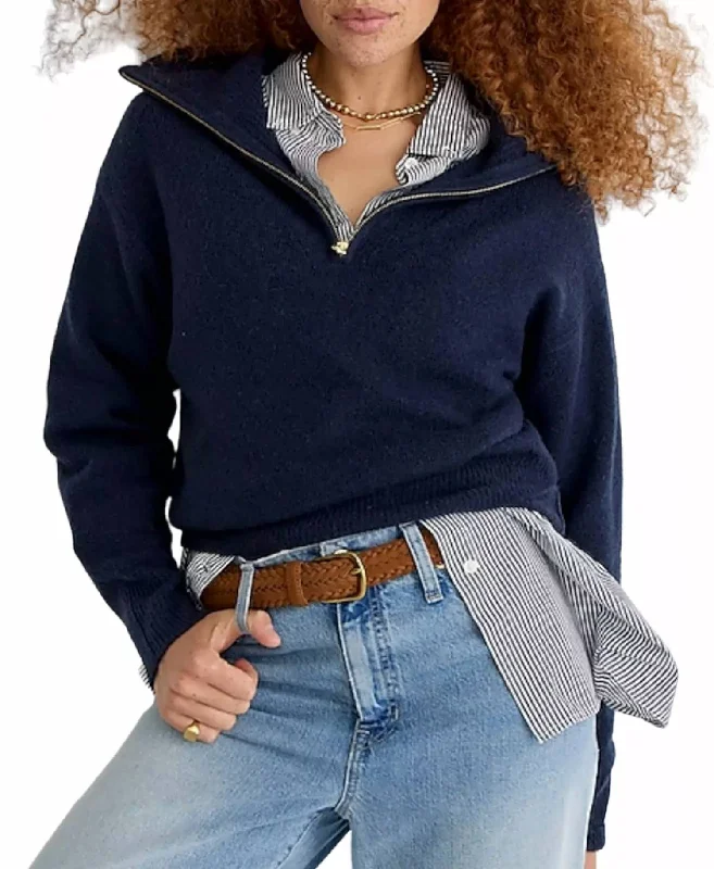 Women's Slit Denim Pullovers-Half-Zip Stretch Sweater In Blue