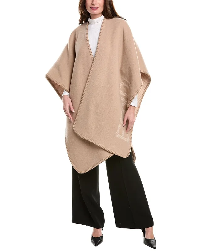 Women's Glitter Pleated Pullovers-FENDI Logo Wool & Cashmere-Blend Poncho