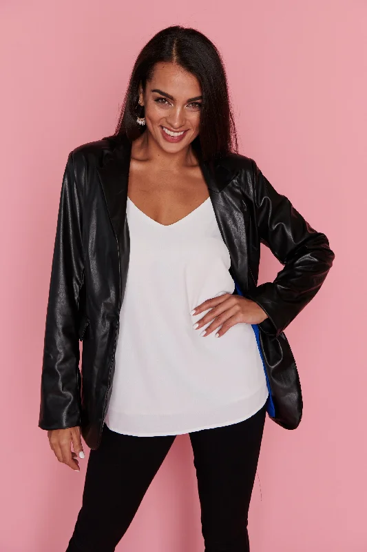 Women's Belted Blazers-Tailor Black Pleather Blazer