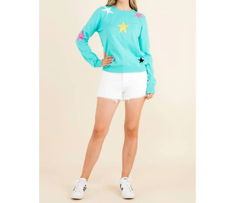 Women's Zip-Up Pleated Pullovers-Star Pattern Sweater In Aqua