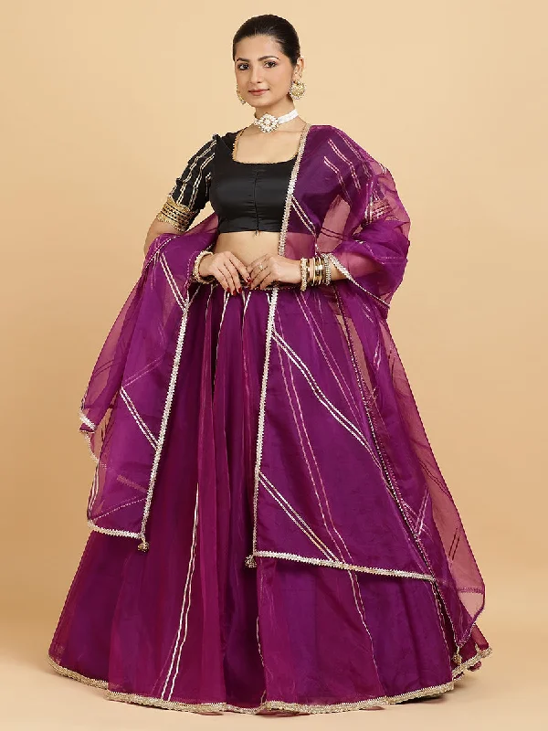 Heer Aziza 4-Pc Lehenga Set x Tyohaar | Purple Lehenga, Charcoal Black Blouse with Falak Purple Dupatta and Cancan Skirt