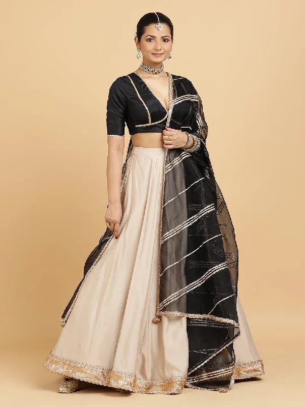 Zainab Zeenat 4-Pc Lehenga Set x Tyohaar | Oyster Grey Lehenga, Charcoal Black Blouse with Chandni Black Dupatta and Cancan Skirt