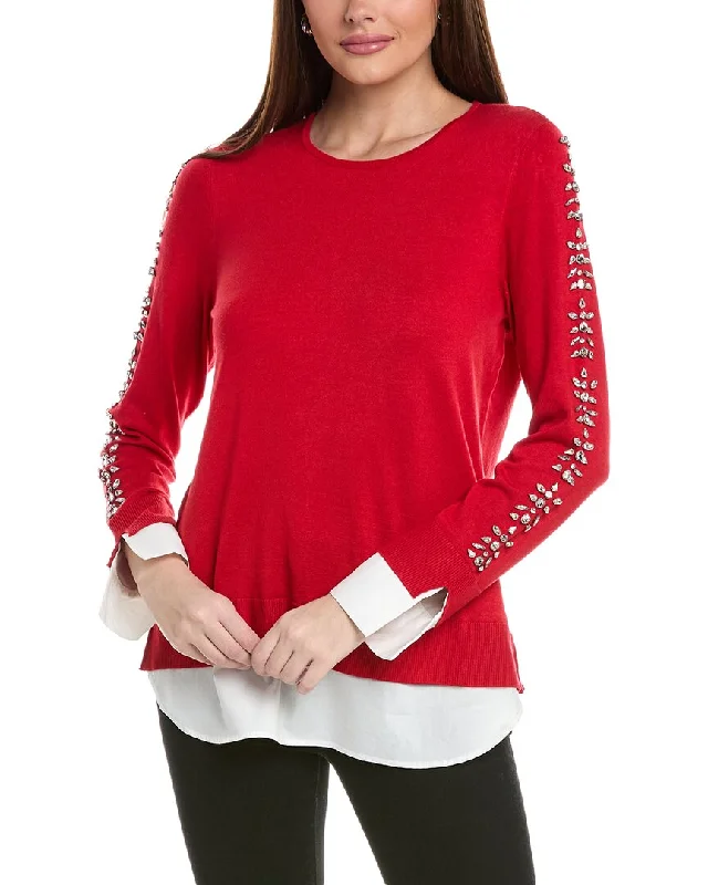 Women's High-Waisted Ruffle Pullovers-Jones New York Embellished Sleeve Twofer Sweater