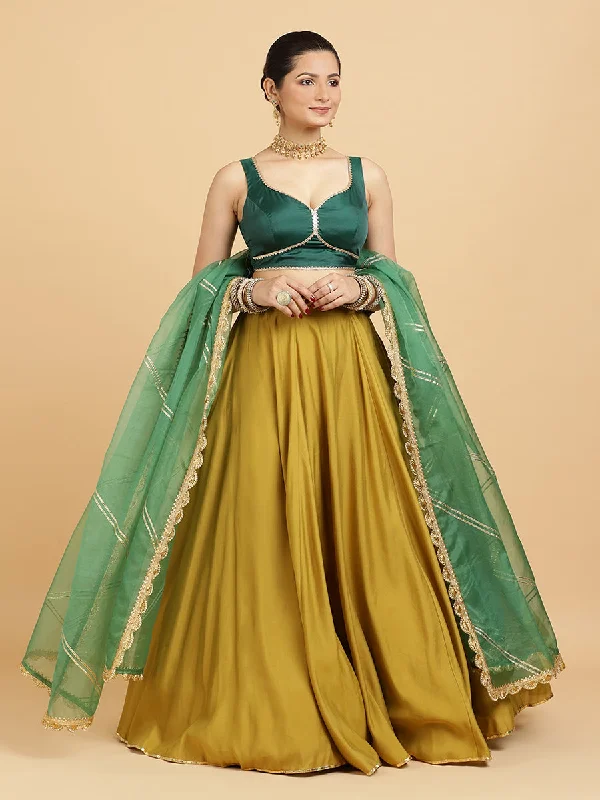 Jhalak Ishika 4-Pc Lehenga Set x Tyohaar | Mustard Lehenga, Bottle Green Blouse with Panna Emerald Green Dupatta and Cancan Skirt