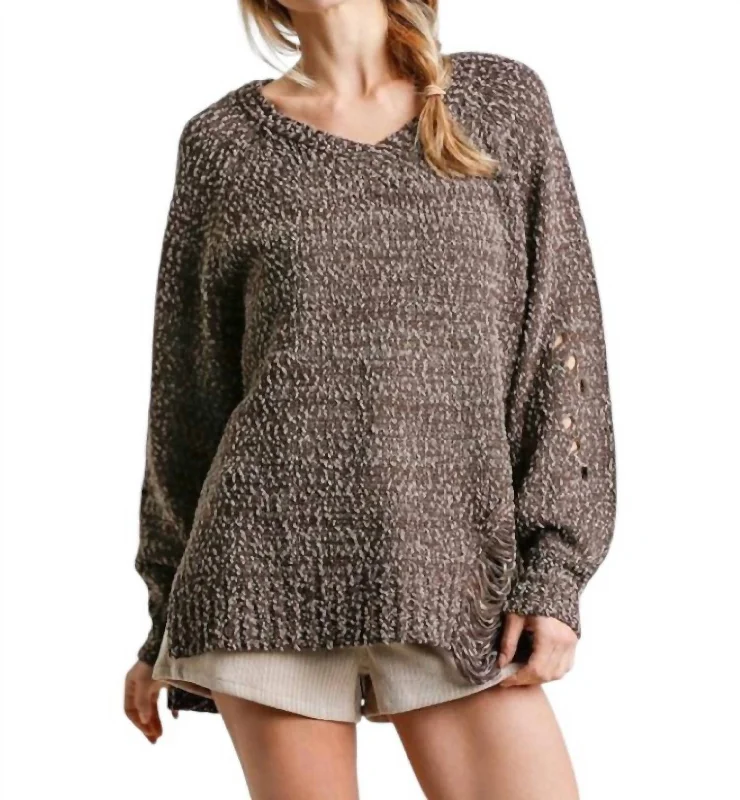 Women's Metallic Floral Pullovers-V-Neck Distressed Knit Sweater In Ash Brown