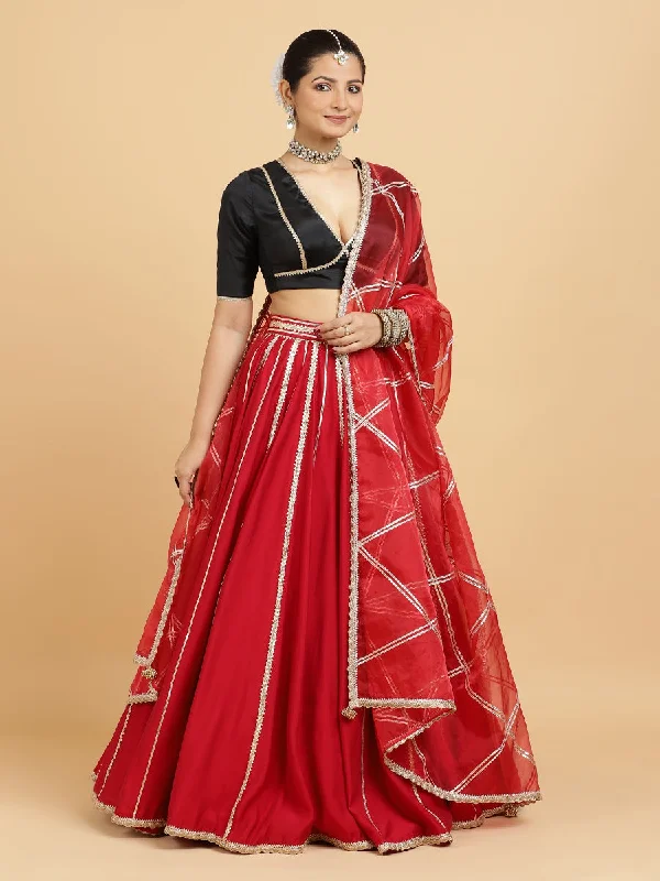 Madhuri Zeenat 4-Pc Lehenga Set x Tyohaar | Red Lehenga, Charcoal Black Blouse with Leela Red Dupatta and Cancan Skirt