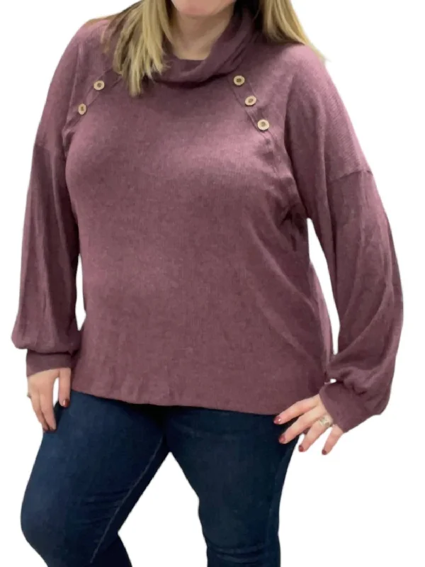 Women's Ribbed Pullovers-Cowlneck Faux Button Sweater In Plum