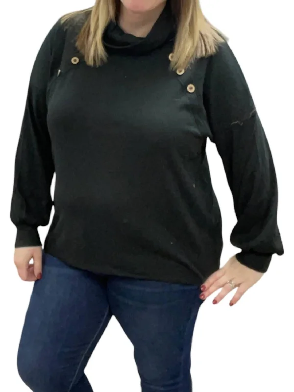 Women's Ribbed Floral Pullovers-Cowlneck Faux Button Sweater In Black