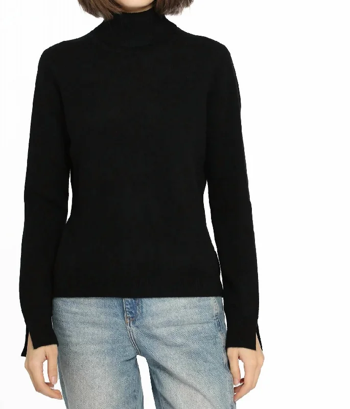 Women's Fringe A-Line Pullovers-Cashmere Turtleneck Sweater In Black Onyx