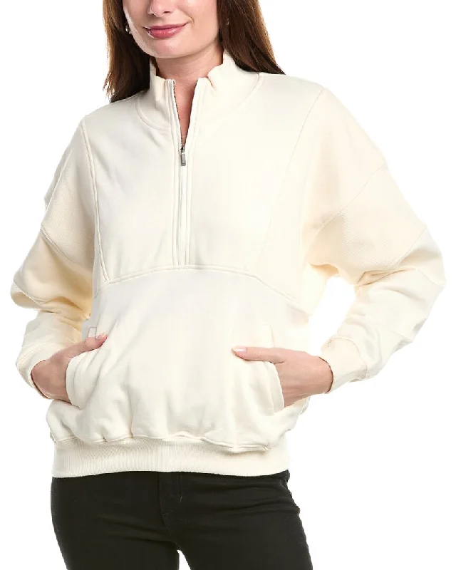 Women's Textured Ruffle Pullovers-POINT Rib Panels1/2-Zip Sweater