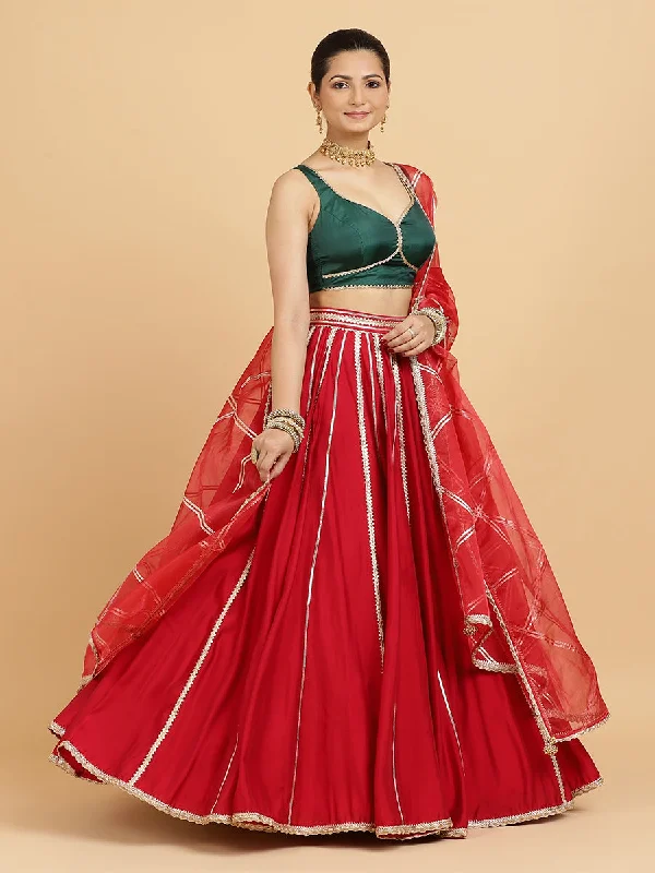 Madhuri Ishika 4-Pc Lehenga Set x Tyohaar | Red Lehenga, Bottle Green Blouse with Leela Red Dupatta and Cancan Skirt