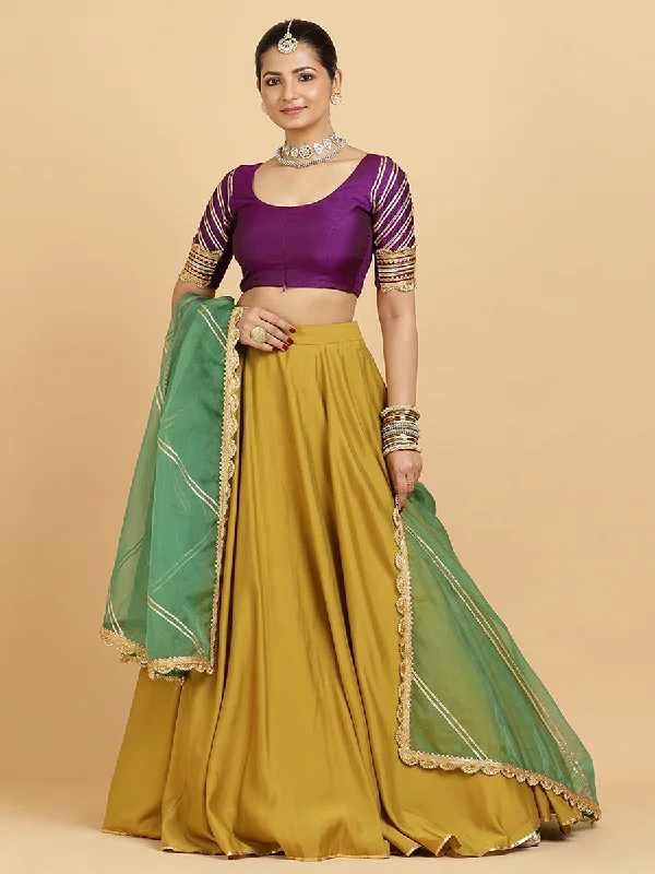 Jhalak Anisha 4-Pc Lehenga Set x Tyohaar | Mustard Lehenga, Purple Blouse with Panna Emerald Green Dupatta and Cancan Skirt