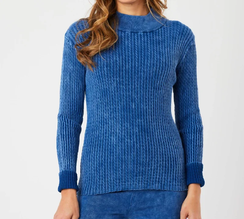 Women's Fringe Ruffle Pullovers-Cable Mock Neck Sweater In Denim