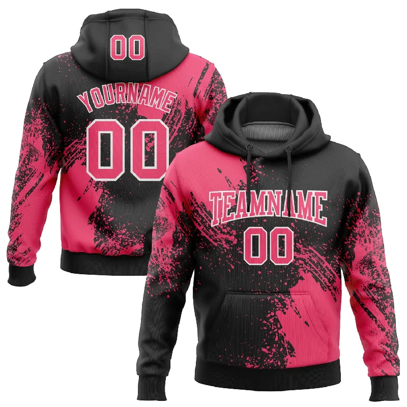 Women's Sash Waist Hoodies-Custom Stitched Black Neon Pink-White 3D Pattern Design Abstract Brush Stroke Sports Pullover Sweatshirt Hoodie