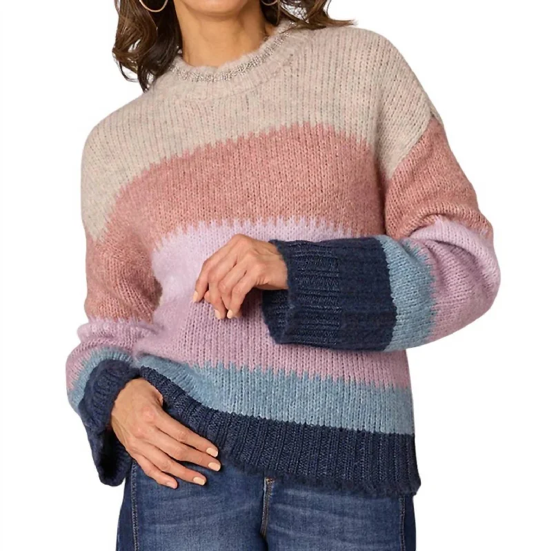 Women's Thermal A-Line Pullovers-Soft Long Sleeve Metallic Accent Sweater Multi Color Striped Sweater In Oatmeal / Navy Multi