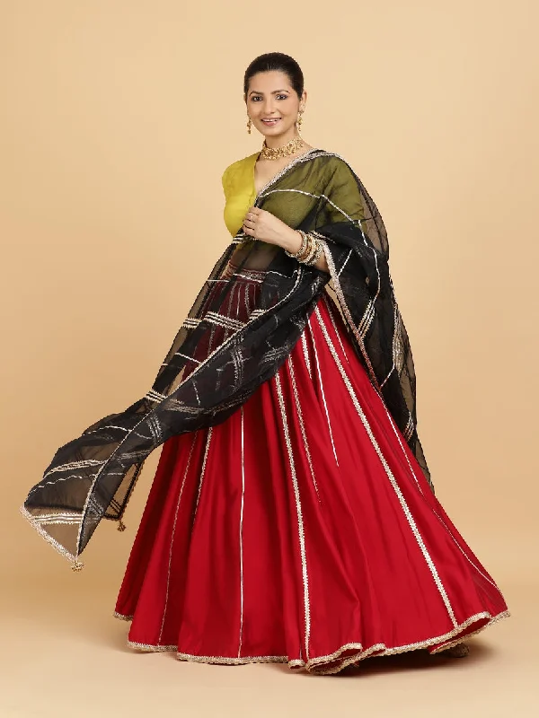 Madhuri Begum 4-Pc Lehenga Set x Tyohaar | Red Lehenga, Lemon Yellow Blouse with Chandni Black Dupatta and Cancan Skirt