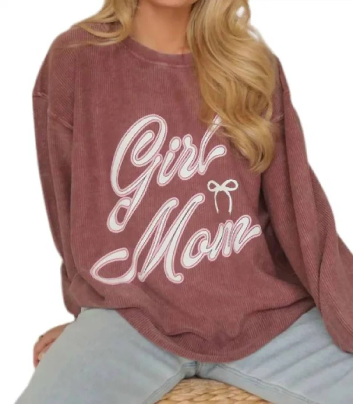 Women's Slit Denim Pullovers-Girl Mom Cord Sweater In Maroon