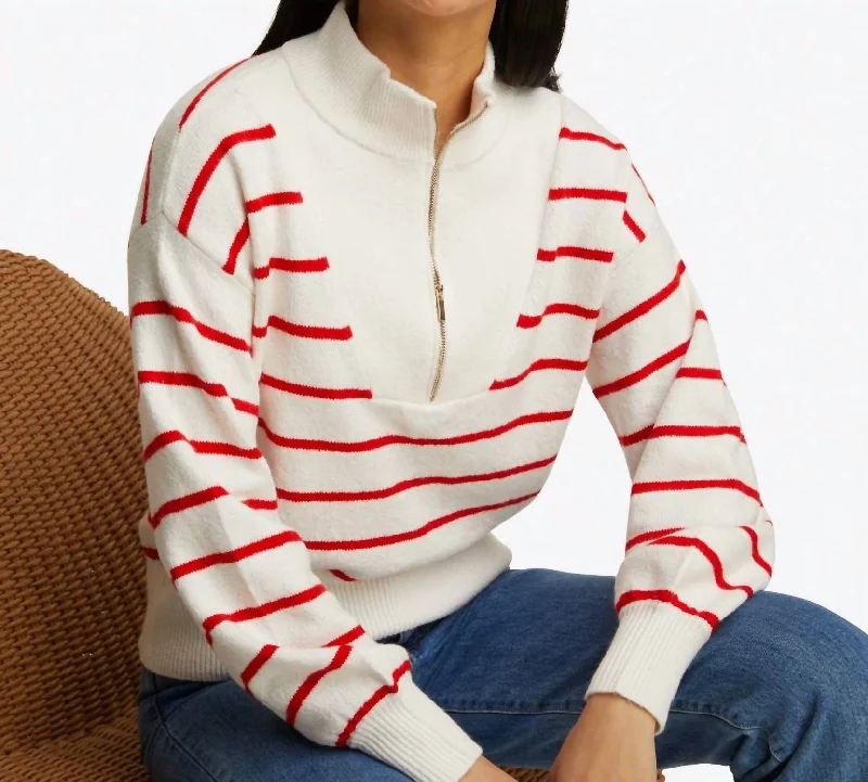 Women's Poncho Pullovers-Striped Zip Up Sweater In Red And White Stripe