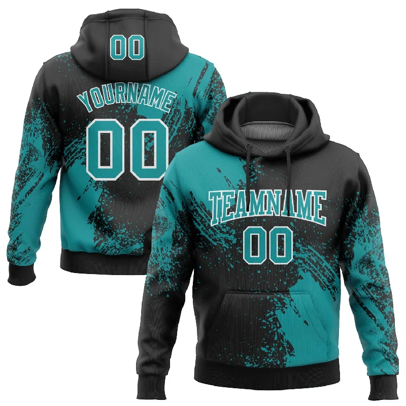 Women's Slit Hem Hoodies-Custom Stitched Black Teal-White 3D Pattern Design Abstract Brush Stroke Sports Pullover Sweatshirt Hoodie