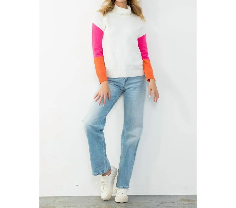 Women's Sleep Pullovers-Colorblock Sleeve Knit Sweater In Cream