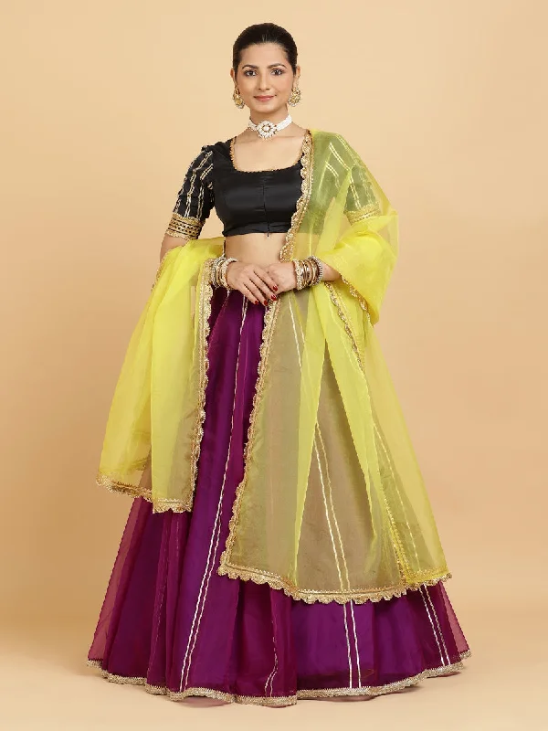 Heer Aziza 4-Pc Lehenga Set x Tyohaar | Purple Lehenga, Charcoal Black Blouse with Saher Lemon Yellow Dupatta and Cancan Skirt