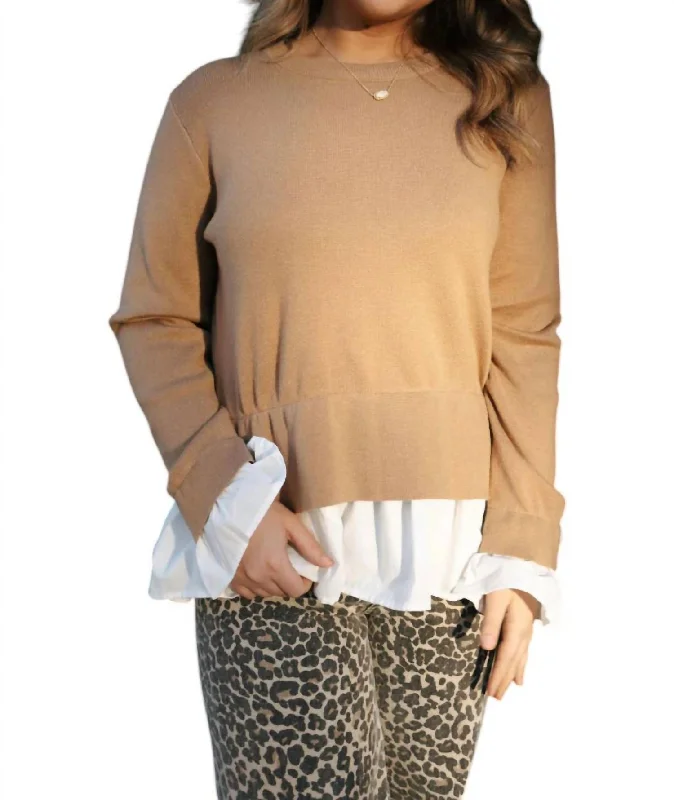 Women's Slit Pencil Pullovers-Combo Sweater In Camel