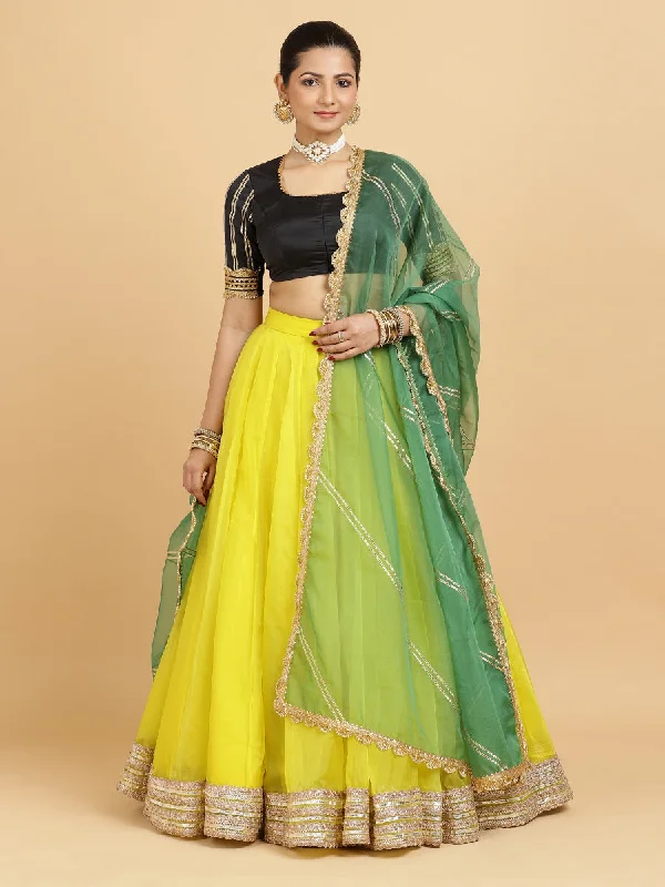 Farah Aziza 4-Pc Lehenga Set x Tyohaar | Lemon Yellow Lehenga, Charcoal Black Blouse with Panna Emerald Green Dupatta and Cancan Skirt