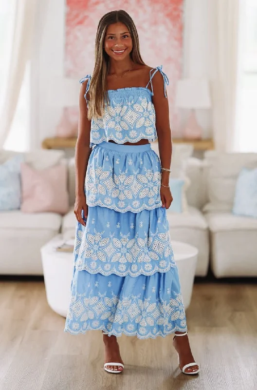 Festival in the Sand Crop Top and Skirt Set - Blue and White