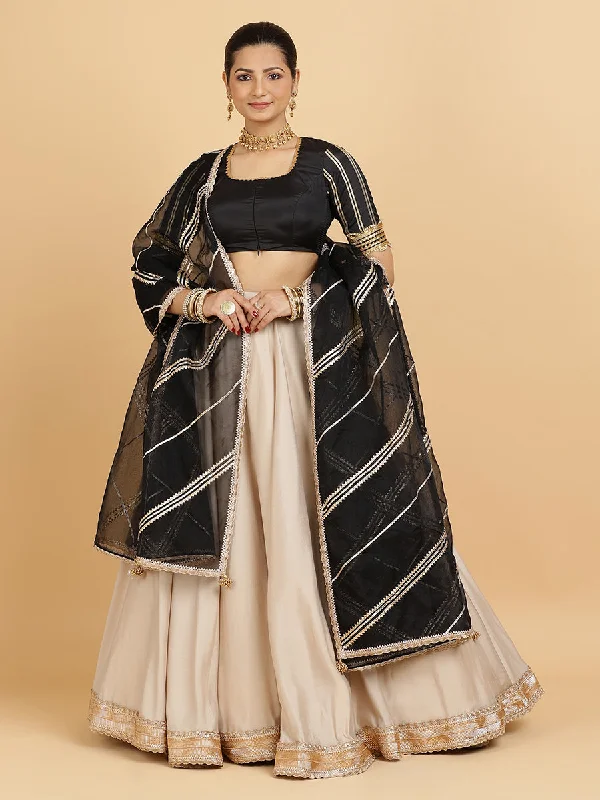 Zainab Aziza 4-Pc Lehenga Set x Tyohaar | Oyster Grey Lehenga, Charcoal Black Blouse with Chandni Black Dupatta and Cancan Skirt