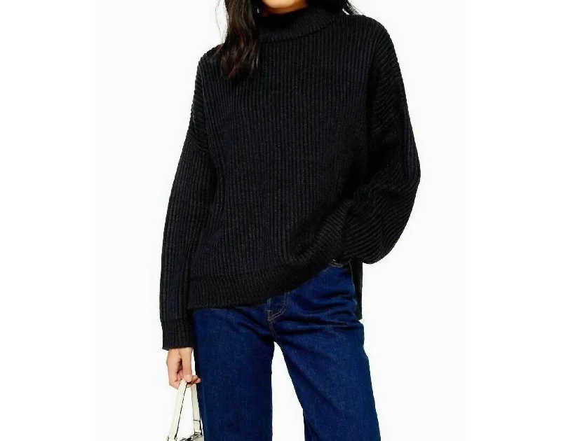 Women's Thermal Ruffle Pullovers-Oversize Rib Knit Mock Neck Pullover Sweater In Black