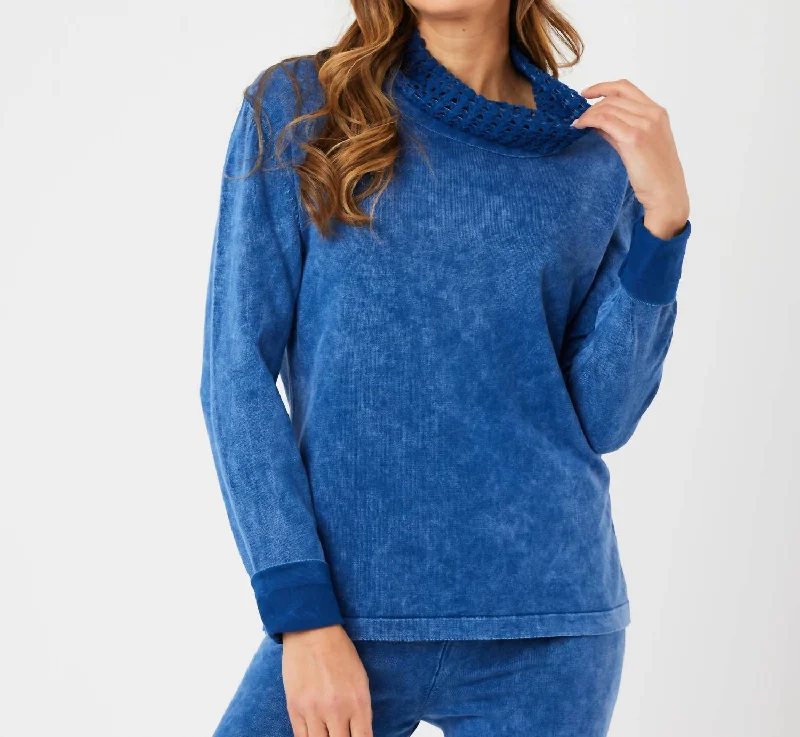 Women's Low-Waisted Ruffle Pullovers-Cowl Neck Sweater In Denim