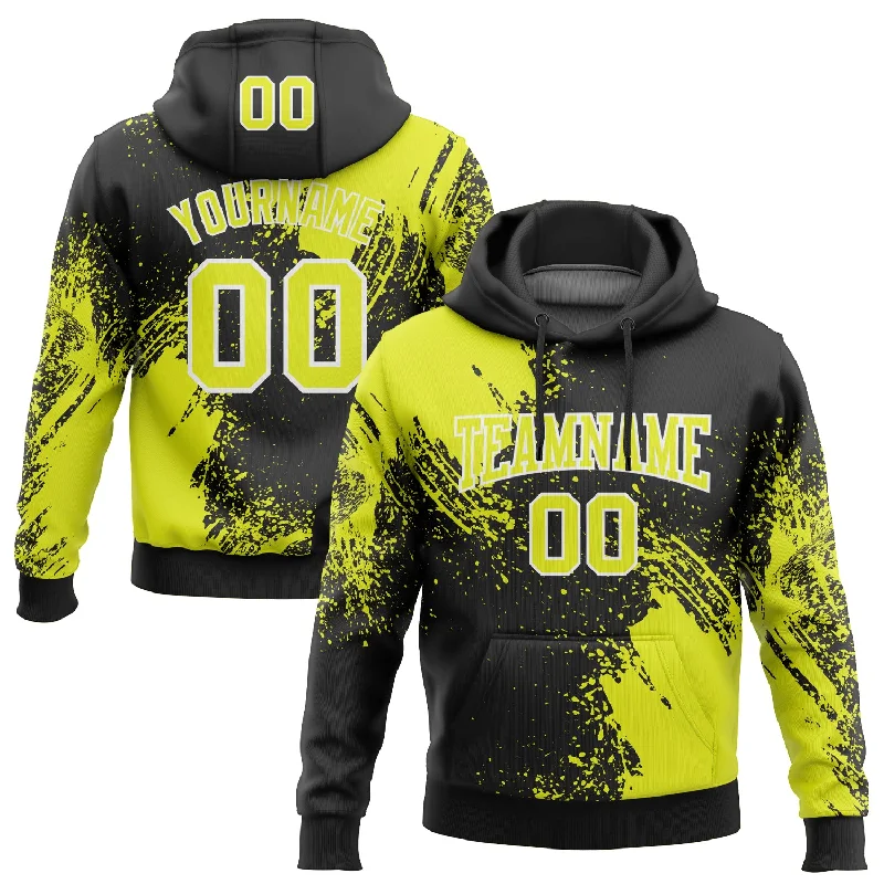 Women's Shirred Hoodies-Custom Stitched Black Neon Yellow-White 3D Pattern Design Abstract Brush Stroke Sports Pullover Sweatshirt Hoodie