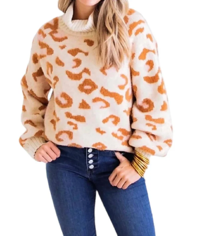 Women's Animal Print Pullovers-Turtleneck Sweater In Cream