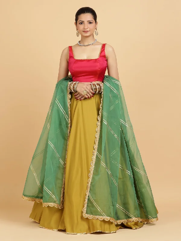 Jhalak Zeba 4-Pc Lehenga Set x Tyohaar | Mustard Lehenga, Rani Pink Blouse with Panna Emerald Green Dupatta and Cancan Skirt