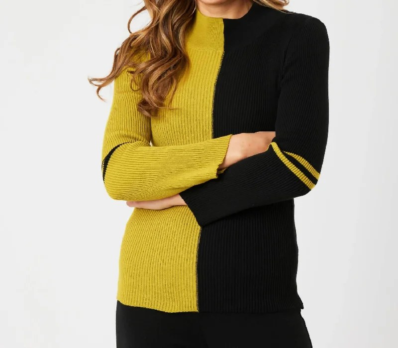 Women's Satin Denim Pullovers-Two Tone Mock Neck Sweater In Black/mustard