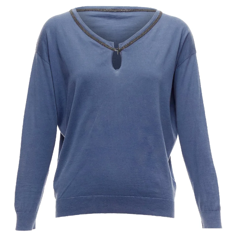 Women's Thermal Ruffle Pullovers-Brunello Cucinelli Cotton Beaded Loop Keyhole Sweater Top