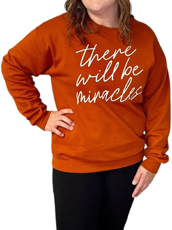 Women's Zip-Up Pleated Pullovers-There Will Be Miracles Crewneck In Pumpkin