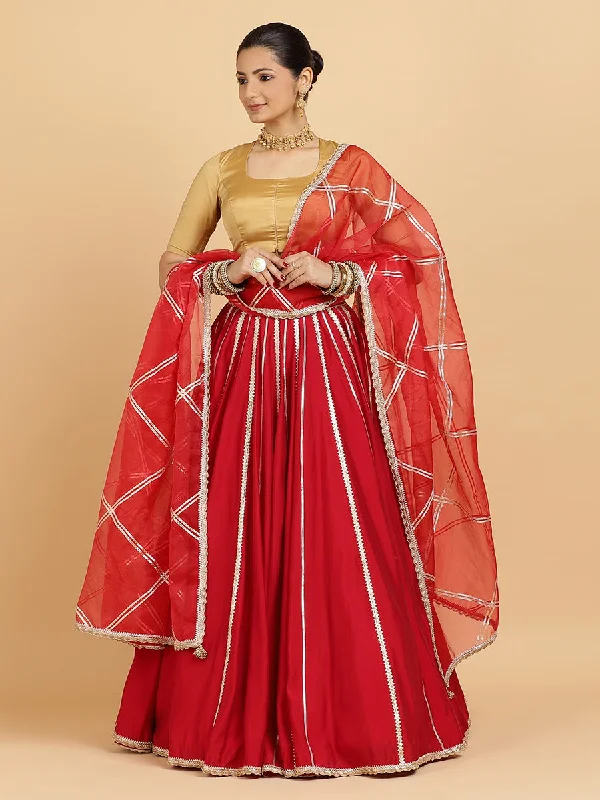 Madhuri Aziza 4-Pc Lehenga Set x Tyohaar | Red Lehenga, Gold Blouse with Leela Red Dupatta and Cancan Skirt