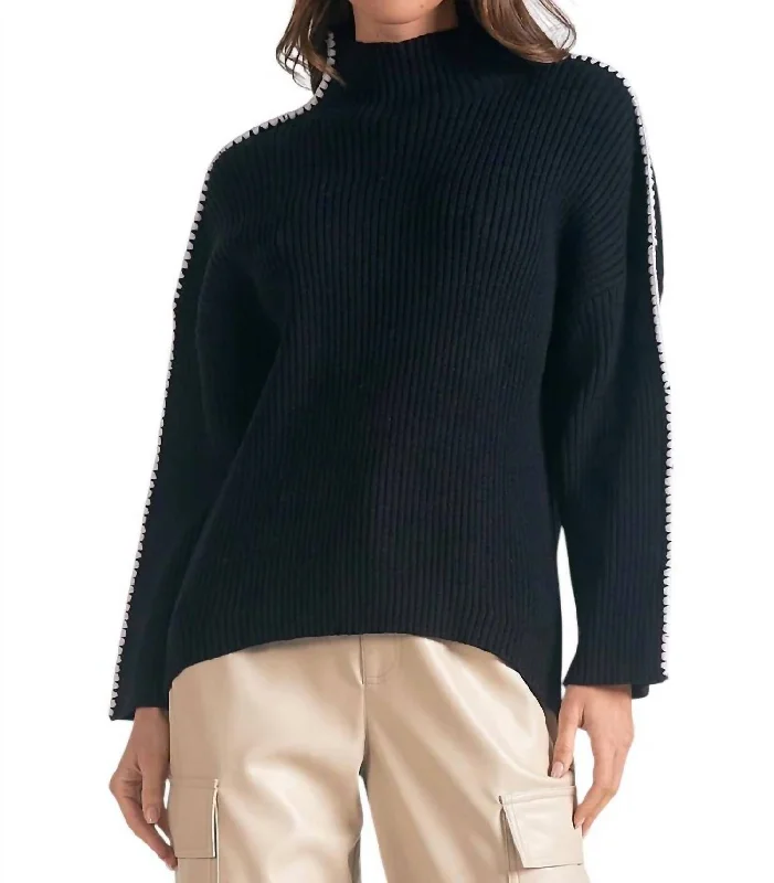 Women's Zip-Up Ruffle Pullovers-Stitched Sweater In Black