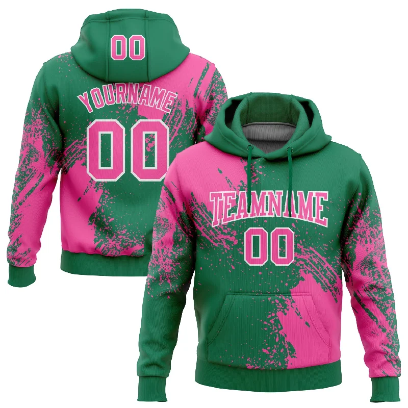 Women's Off-Shoulder Hoodies-Custom Stitched Kelly Green Pink-White 3D Pattern Design Abstract Brush Stroke Sports Pullover Sweatshirt Hoodie